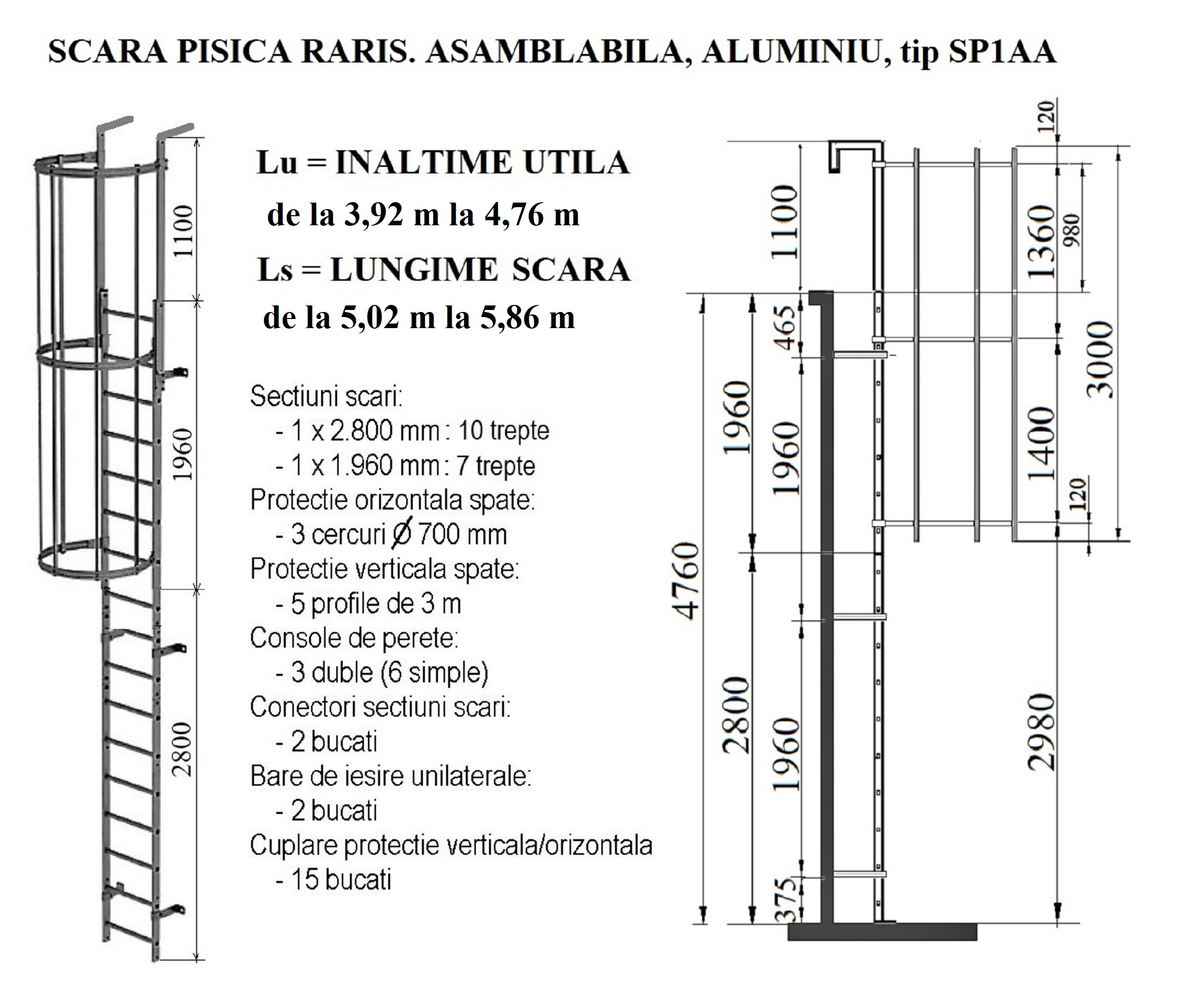 Scara pisica RARIS, asamblabila, din aluminiu, inaltime acoperis de la 3,92 m la 4,76 m, cod SP1AA